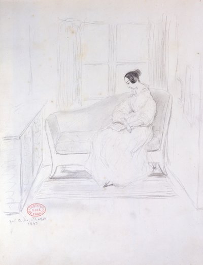 George Sand (1804-76), lezend op een sofa naast een raam, 1833 door Alfred de Musset