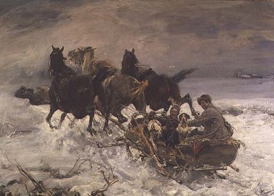 Figuren in een paardenslee door Alfred von Wierusz Kowalski