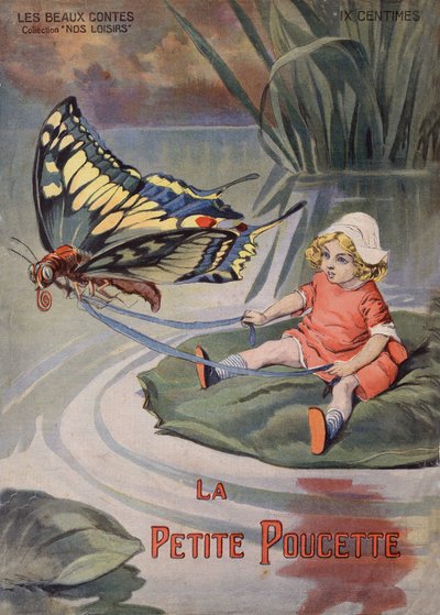 Duimelijntje. Een klein meisje zittend op een waterlelie getrokken door een vlinder. Verhaal van Hans Christian Andersen. Illustratie van Vaccari en Carrey in 