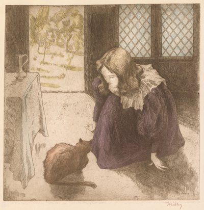 Interieur, Klein meisje met kat La Petite fille au chat, 1897 door Alfredo Müller