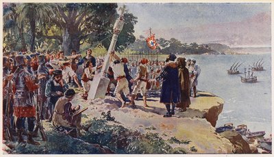 Portugezen plaatsen een stenen pilaar bij de monding van de Congo-rivier door Alfredo Roque Gameiro