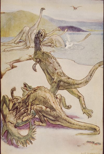 Een Mesozoïsch tafereel met Deinotheria, illustratie uit 