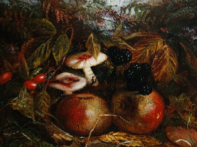 Stilleven met paddenstoelen, appels en bramen door Alice M Wilson