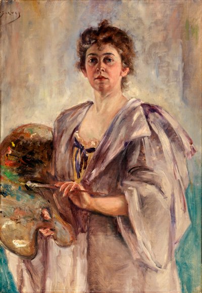Zelfportret in schildersmantel door Alice Pike Barney