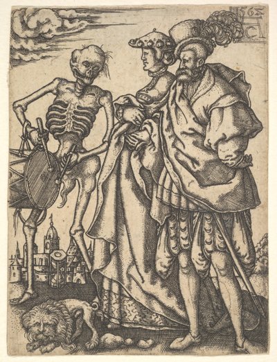 Koppel en de dood met een trommel, uit De dans van de dood door Allaert Claesz
