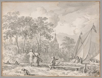 Landschap met elegante figuren bij een rivier, met boten naar rechts en een stadje achter bomen daarachter door Allaert van Everdingen