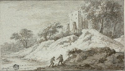Landschap met twee figuren en kasteel op heuvel door Allaert van Everdingen