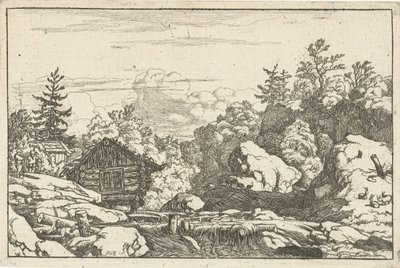 Landschap met hut bij waterval door Allaert van Everdingen
