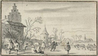Schaatsers op vijver buiten de stad door Allaert van Everdingen