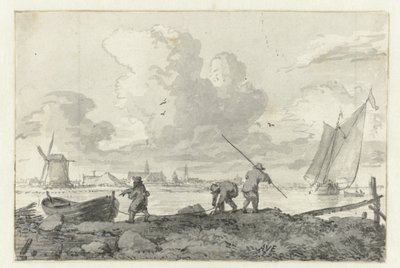 Vissers met hun roeiboot aan het Spaarne bij Haarlem door Allaert van Everdingen