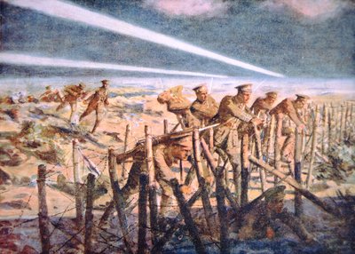 Britse soldaten snijden Duitse prikkeldraadverdedigingen door in de nacht aan het Westfront door Allan (after) Stewart