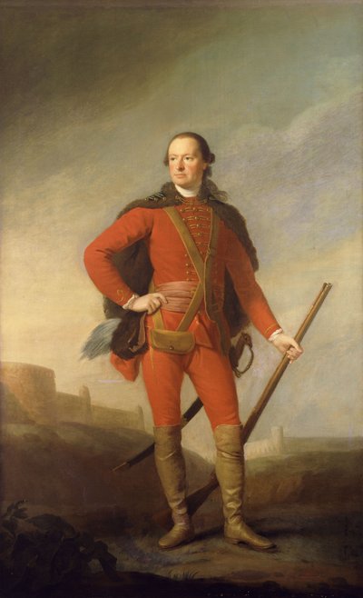 Portret van Charles, 5e Graaf van Elgin en 9e Graaf van Kincardine, staand in een Scharlaken Kostuum en Met Bont Afgewerkte Cape, een Musket Vasthoudend in een Romantisch Landschap met een Kasteel op de Achtergrond door Allan Ramsay