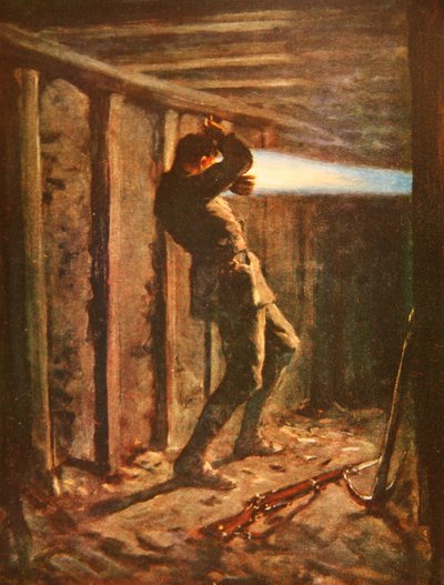 Een tong van blauwe vlam schiet uit de vijandelijke kant van een mijnschacht en verbrandt Private Bytheway ernstig door Allan Stewart