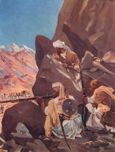 Heuvelstammen die een Britse troepenmacht beschieten aan de noordwestelijke grens door Allan Stewart