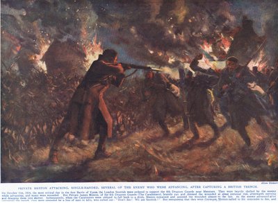 Private Meston valt alleen verschillende vijanden aan die een Britse loopgraaf hadden veroverd, illustratie uit 