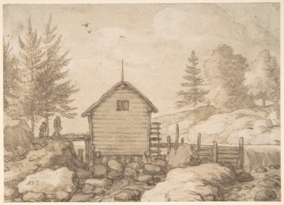 Een molen op rotsen in een rivier in Noorwegen door Allart van Everdingen