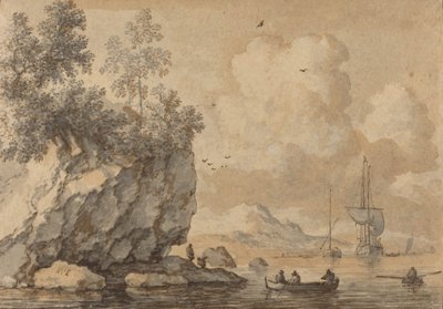 Figuren in roeiboten in een rotsachtige baai, zeilschepen daarbuiten door Allart van Everdingen