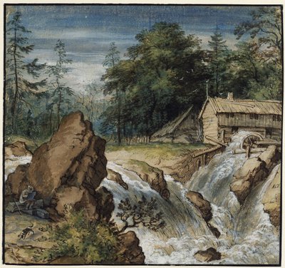 Noords landschap met een tekenaar bij een waterval door Allart van Everdingen
