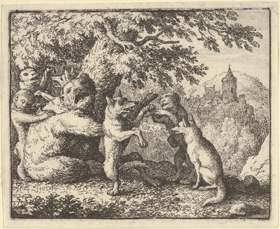 Op bevel van de leeuw wordt een stuk huid van de beer genomen, een stuk van de voorpoten..., 1650-75 door Allart van Everdingen