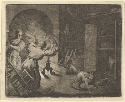 Renard Ontsnapt met een Kip die hij van de Tafel van een Geestelijke Stal, 1650-75 door Allart van Everdingen