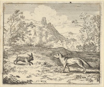 Renard liegt dat het konijn een van zijn kinderen beledigde, 1650-75 door Allart van Everdingen