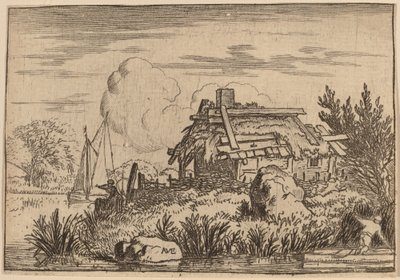 Vervallen huisje, omgeven door water, waarschijnlijk ca. 1645-1656 door Allart van Everdingen