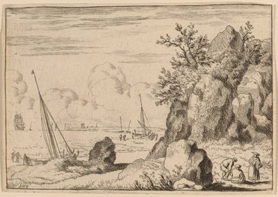 Zeegezicht met drie figuren rechts, waarschijnlijk ca. 1645-1656 door Allart van Everdingen