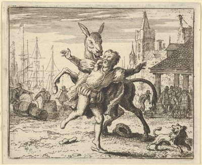 De ezel, jaloers op de aandacht die de hond van zijn meester krijgt, probeert te imiteren ..., 1650-75 door Allart van Everdingen