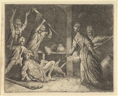 De Kat, Gevangen in een Strik, wordt Mishandeld door de Mensen uit het Huis, 1650-75 door Allart van Everdingen