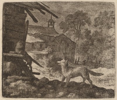 De kat betreedt de schuur terwijl Reynaert toekijkt, waarschijnlijk c. 1645-1656 door Allart van Everdingen