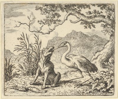 De ooievaar verwijdert een bot uit de keel van de wolf uit Hendrick van Alcmar