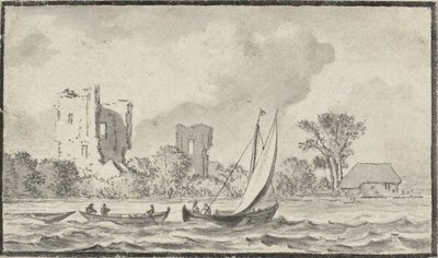 Drie boten op een rivier met ruïnes langs de oever door Allart van Everdingen