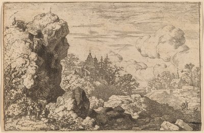 Drie reizigers aan de voet van een hoge rots, waarschijnlijk ca. 1645-1656 door Allart van Everdingen