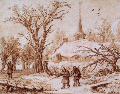 Reizigers op een weg bij een dorp in de winter door Allart van Everdingen