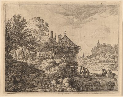 Twee boten naderen een hut door Allart van Everdingen