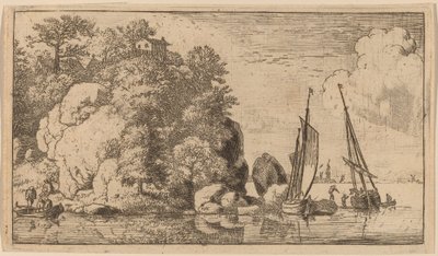 Twee boten op een brede rivier, waarschijnlijk c. 1645-1656 door Allart van Everdingen