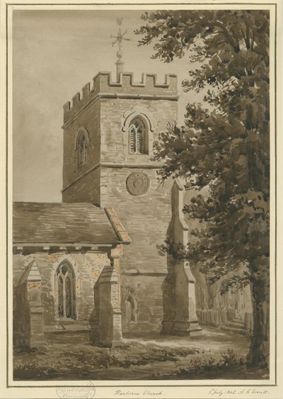 Harborne Kerk: rode sepia tekening, 2 jul 1842 door Allen Edward Everitt