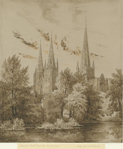 Lichfield Kathedraal - Zuidwestaanzicht: sepia tekening, jul 1842 door Allen Edward Everitt