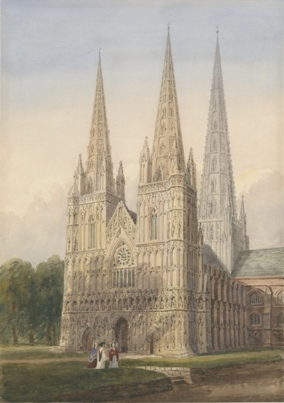 Lichfield Kathedraal - Westfront: aquarel, nd [6 sep 1842] door Allen Edward Everitt