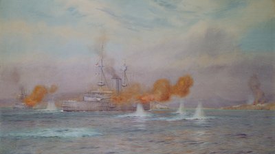 H.M.S. Albion onder bevel van Kapitein A. Walker-Heneage voltooit de vernietiging van de buitenforten van de Dardanellen in 1915, 1925 door Alma Claude Burlton Cull