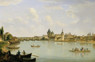 Gezicht op Praag met de Moldaubrug (Karlsbrug) door Alois von Saar