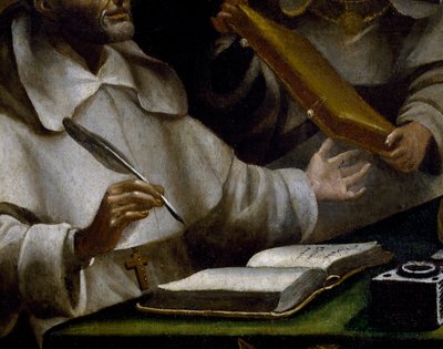 De handen van St. Albert terwijl hij schrijft (detail) door Alonso Antonio Villamor
