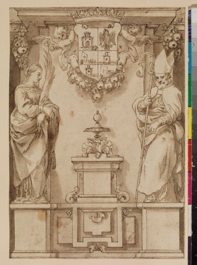 Ontwerp voor een titelpagina met twee heiligen op sokkels en een denkbeeldig Spaans wapenschild, 17e eeuw door Alonso Cano