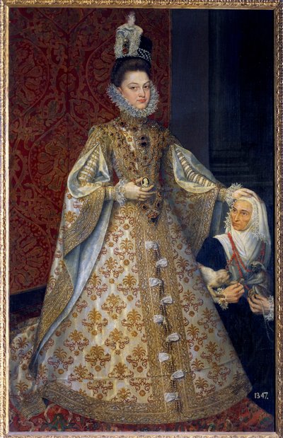 Portret van de Infante van Spanje Isabelle Clara Eugenie van Habsburg, soeverein van de Nederlanden en Magdalena Ruiz door Alonso Sánchez Coello