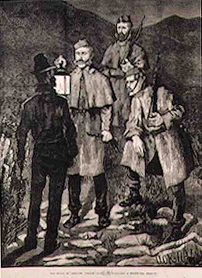 De Staat van Ierland: Politiepatrouille Daagt een Verdachte Persoon Uit, uit The Illustrated London News, 8 juni 1881 door Aloysius C. OKelly