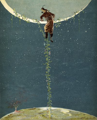 Baron Munchausen klimt naar de maan via een Turkse bonenplant, uit 