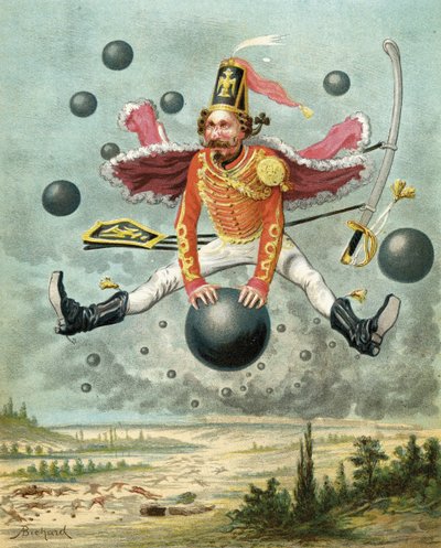 Baron Munchausen rijdend op een kanonskogel tijdens het gevecht met Tippoo, uit 