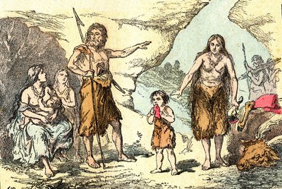 Een familie in het tijdperk van de rendieren (Prehistorie): Natuurlijke creatie en levende wezens. Tekening A. Demarle. 1885 door Alphonse Demarle