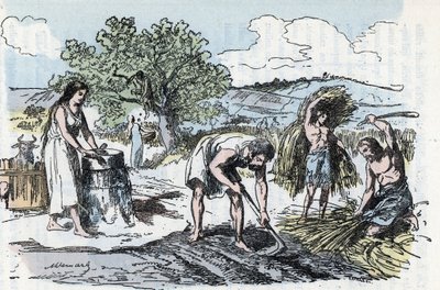 Dagelijks leven in de Prehistorie: scène van landbouwarbeid in de ijzertijd Gravure uit 