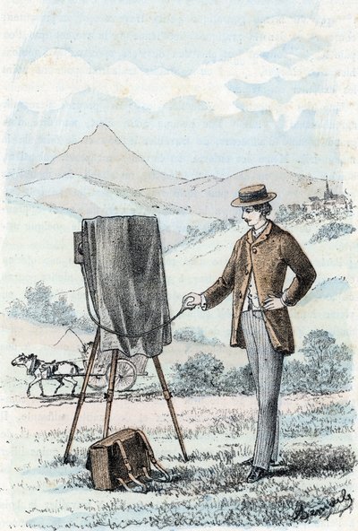 Hobby van de hoge samenleving en de bourgeoisie: de beoefening van fotografie door amateurs (amateurfotograaf). Gravure uit 